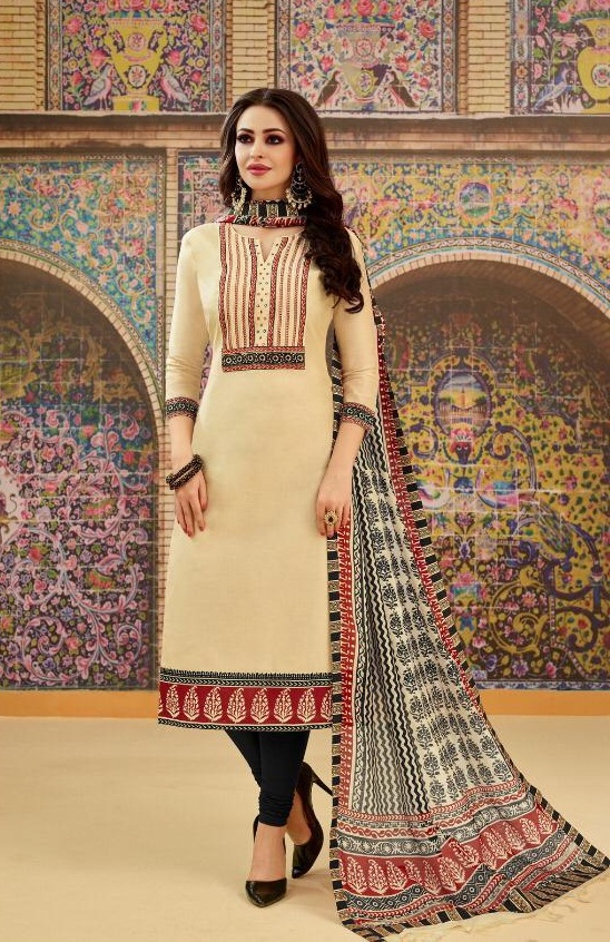 leeza store Women's Cotton Slub Embroidered Unstitched Churidar Salwar  Kameez Suit Dress Material With Banarasi Dupatta - Beige : Amazon.in:  Fashion