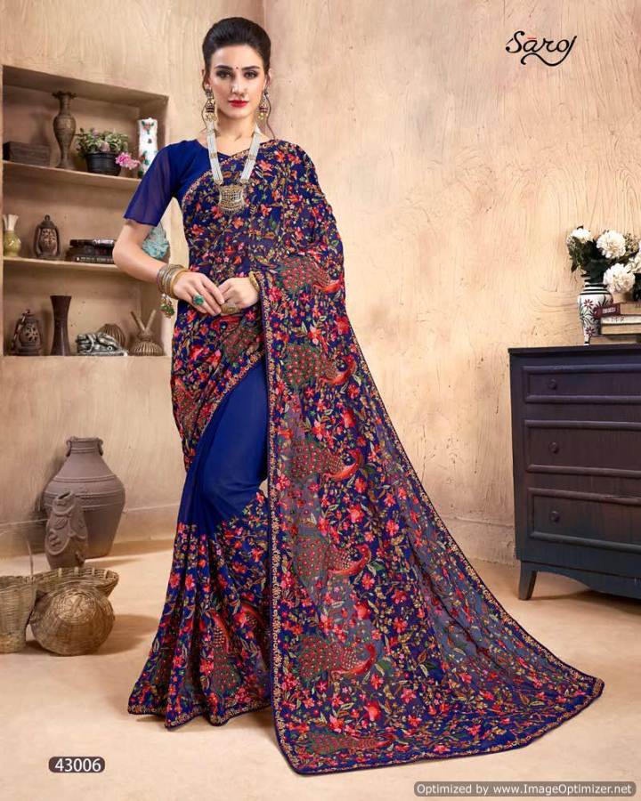 RAJESHWAR FASHION WITH RF Women's Floral Printed Georgette Sarees For Women  With Jacquard Lace Border & Blouse(A15 BLUE NEW 5_Multicolored_Free Size  6.30 Mtr) : Amazon.in: Fashion