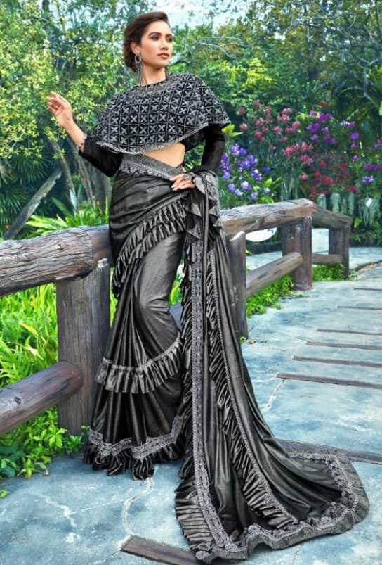 Buy Bollywood Model Black Georgette Sequins Ruffle saree in UK, USA and  Canada