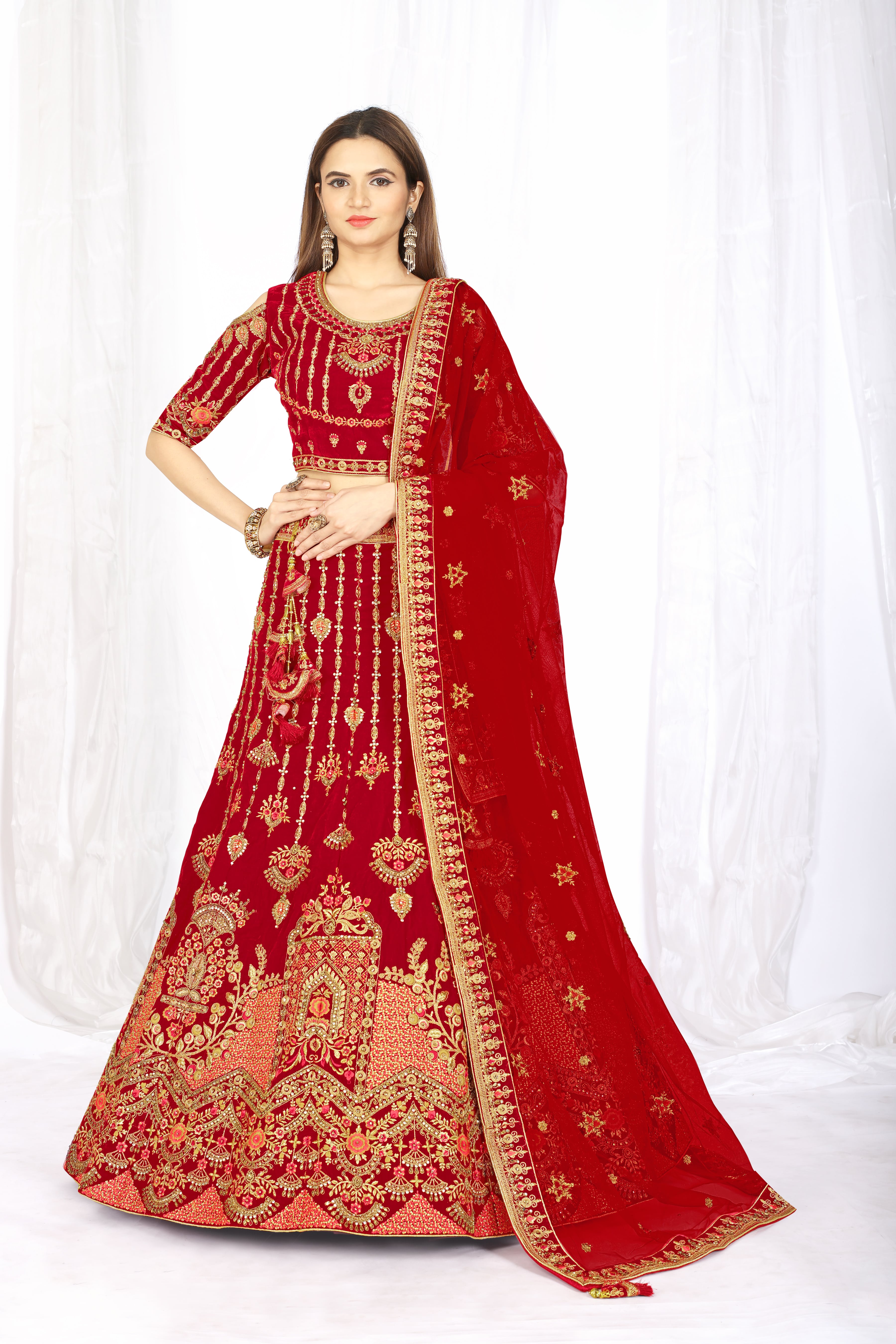 Red Color Embroidered, Stone, Mirror Work Lehenga