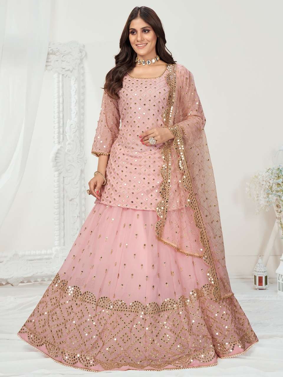 Pink Georgette Lehenga Choli | Modest evening dress, Pink bridal lehenga,  Light pink blouses