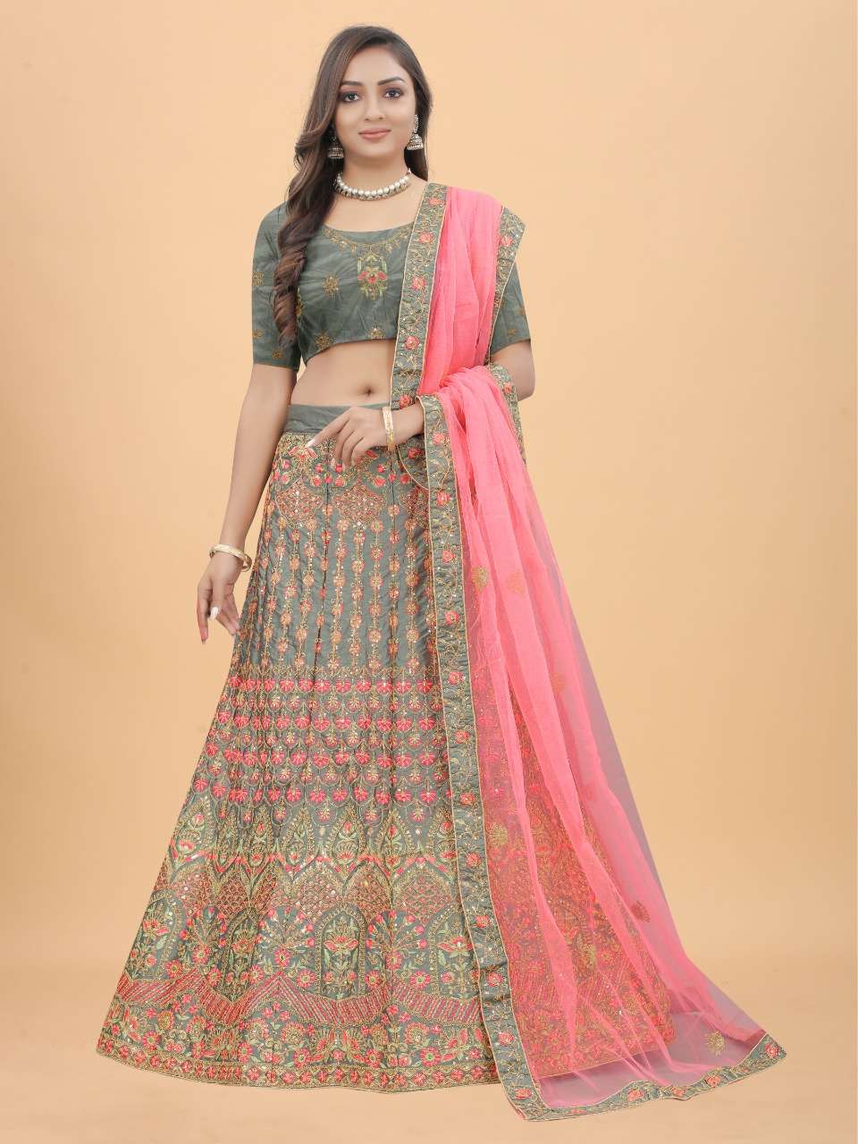 Embroidered Art Silk Jacquard Lehenga in Magenta and Grey : LXW639