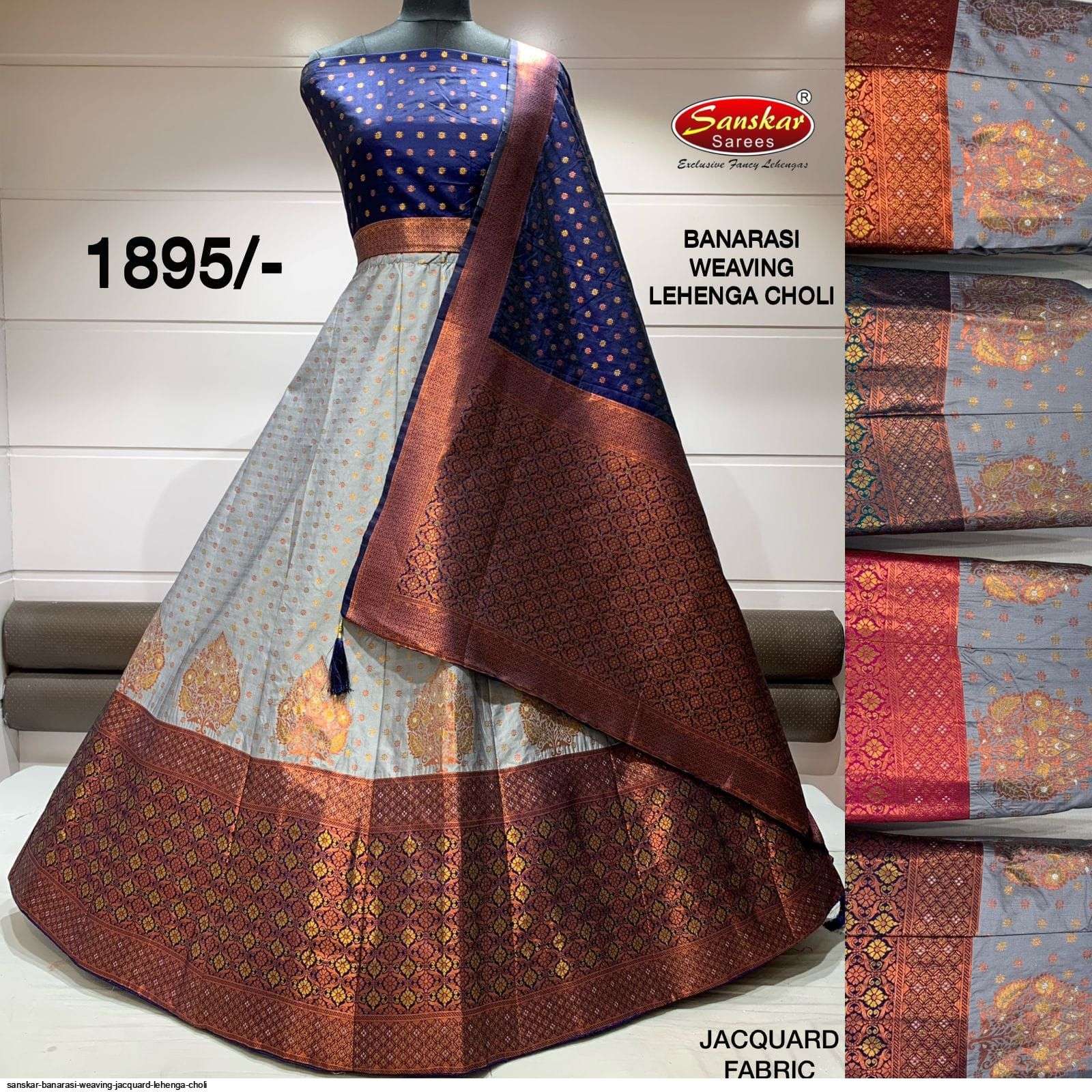 BLUE BANARASI SILK LEHENGA WITH ZARI WORK FOR WOMEN - HALFSAREE STUDIO -  4213896