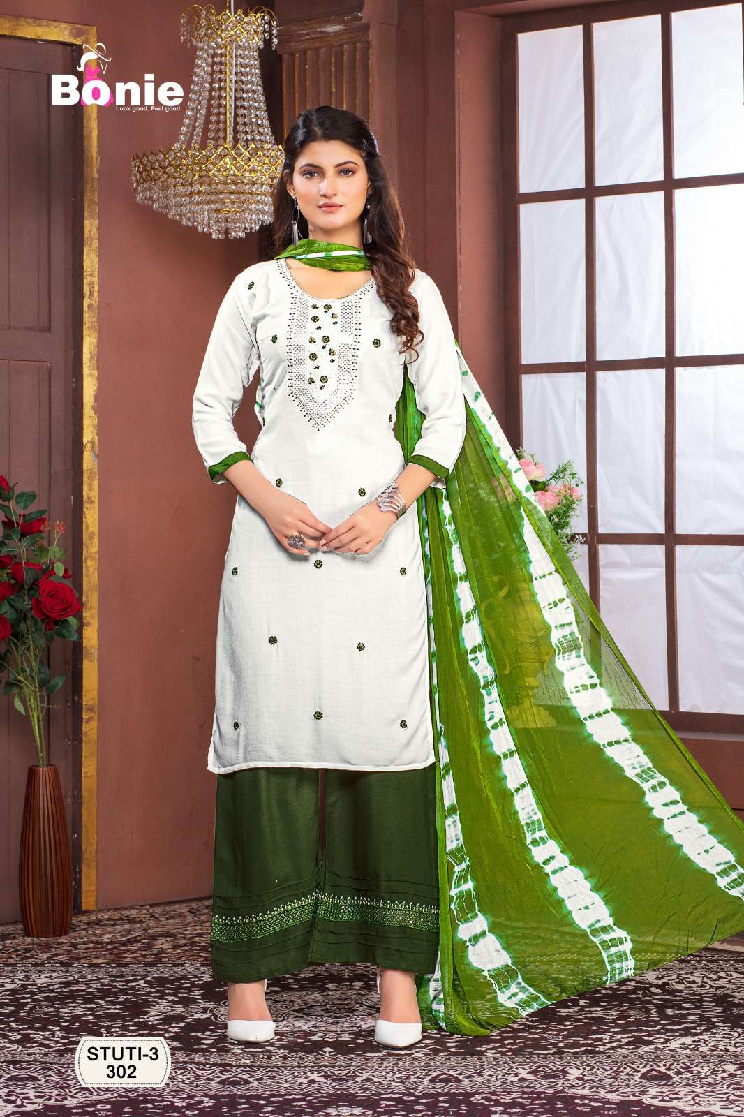 Parrot Green & White Salwar Kameez -