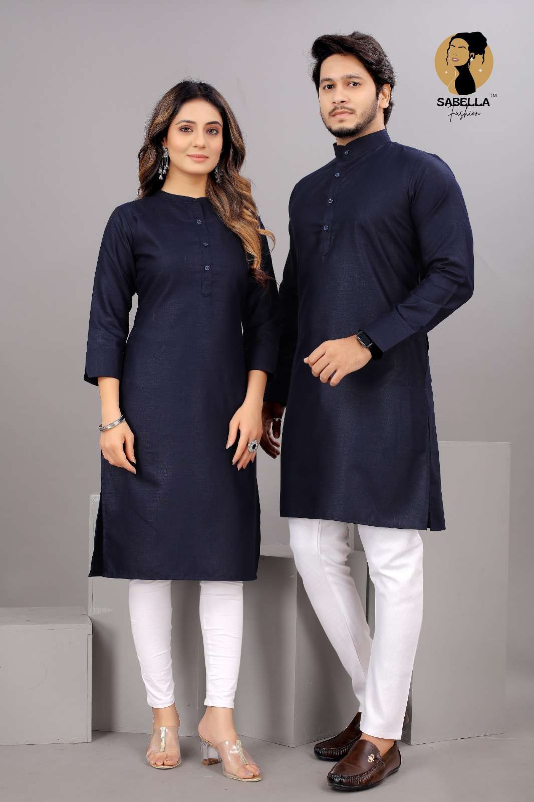 Cotton Couple Kurta set navy blue color Kurta