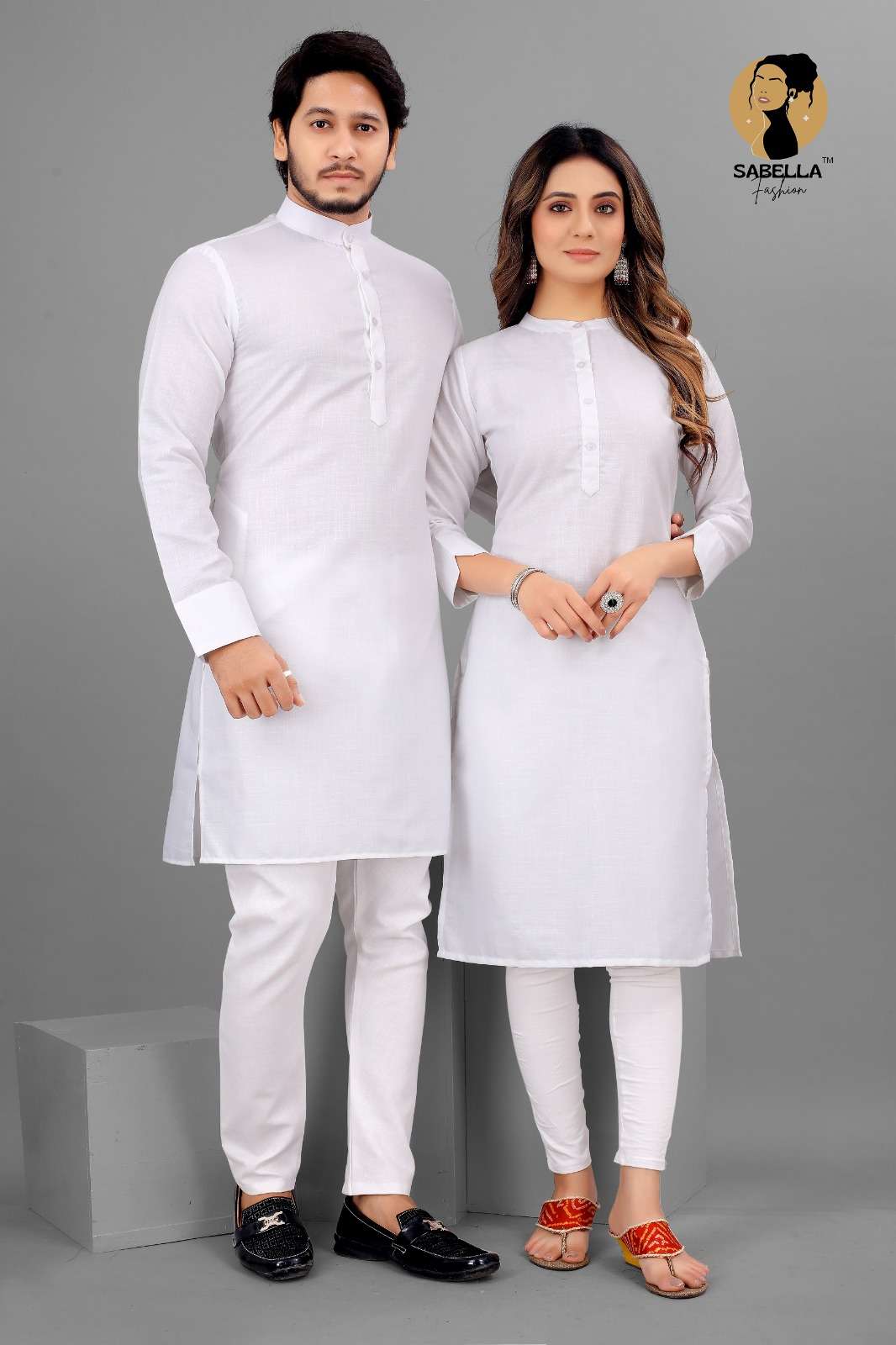 Cotton Couple Kurta set White color Kurta