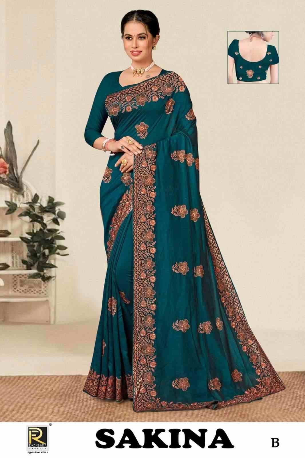Ronisha Sakina Fancy Fabric Embroidery Super Hit Sarees Wholesale catalog