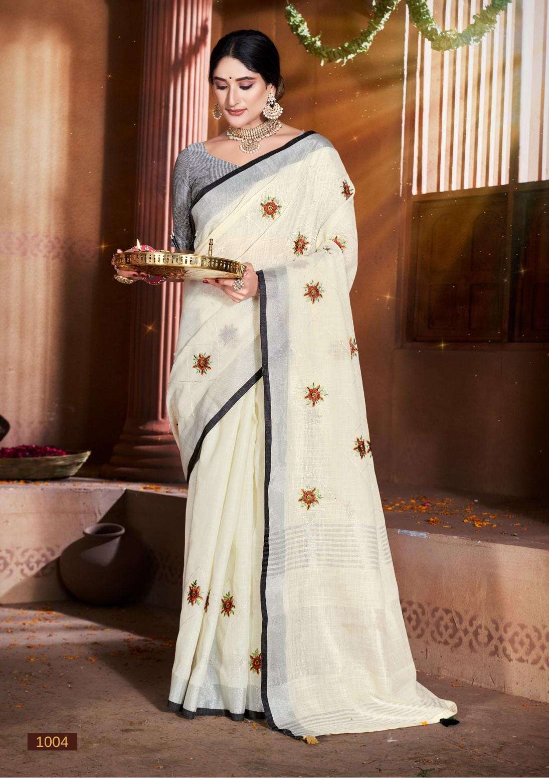 Classy Pastel Brown Colored Casual Wear Floral Embroidered Linen-Cotton  Saree With Tassels