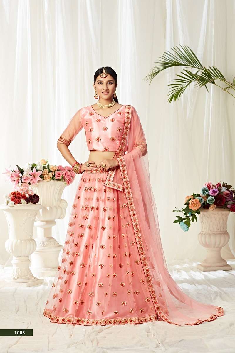 Trendy Look Peach Color Soft Net Base Designer Look Wedding Wear Lehenga  Choli
