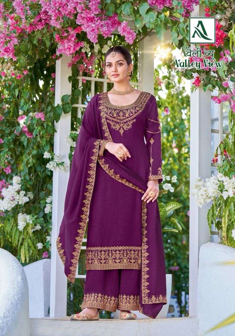 Alok Valley View Pure Vichitra Silk Designer Salwar Suits Wholesale catalog