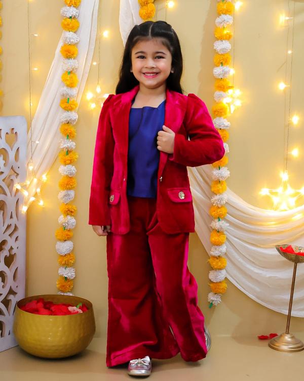 Sabella girl Coat pattern and bell bottoms pant with sleeveless top co-ord set Wholesale Catalog