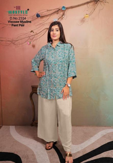 Mostyle Viscose musline pant pair catalog ladies western wear wholesale market in delhi