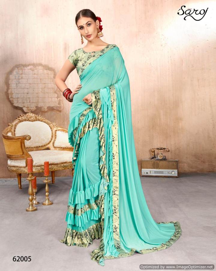 Sky Blue Imported Lycra Designer Readymade Saree