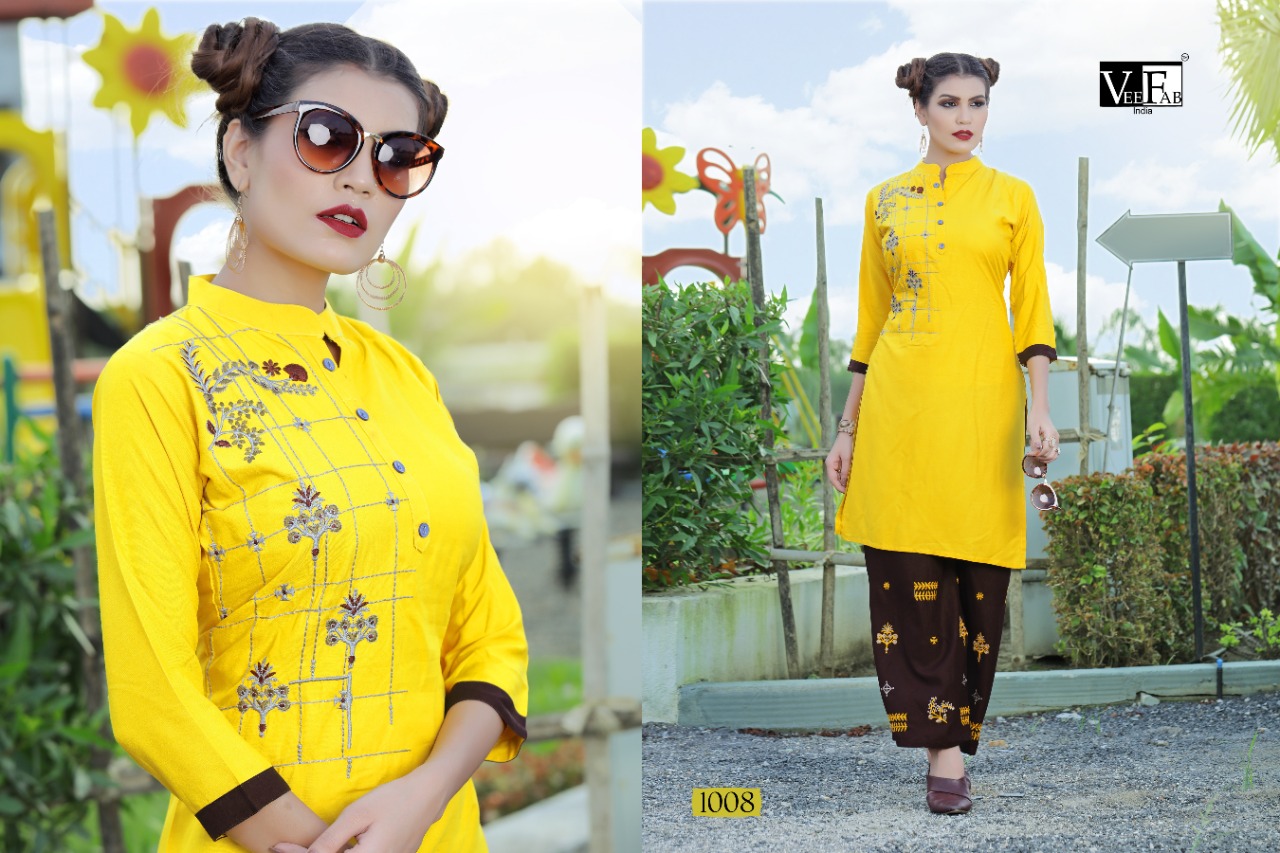 Vee Fab By Plazzo Bar Rayon Dyed Kurti With Palazzo Catalogue