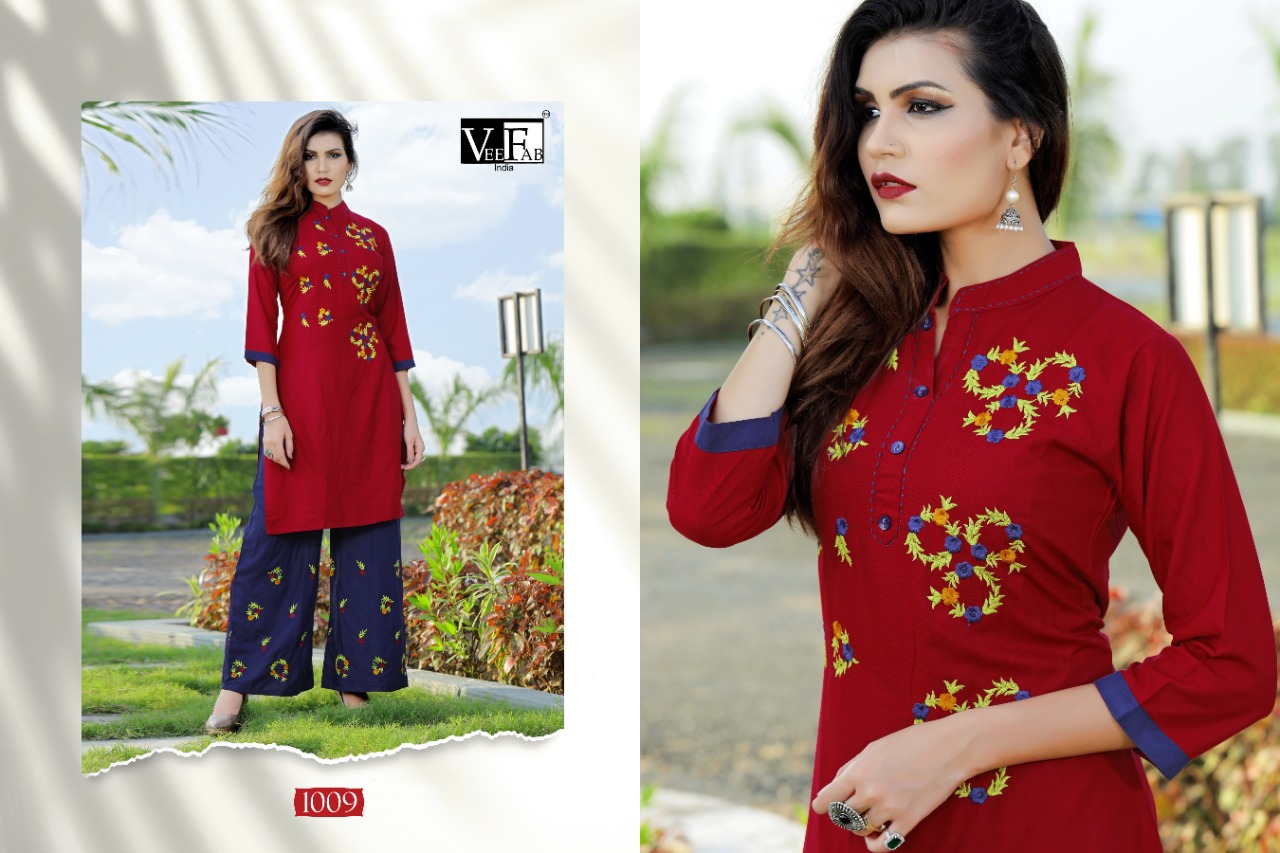 Vee Fab By Plazzo Bar Rayon Dyed Kurti With Palazzo Catalogue