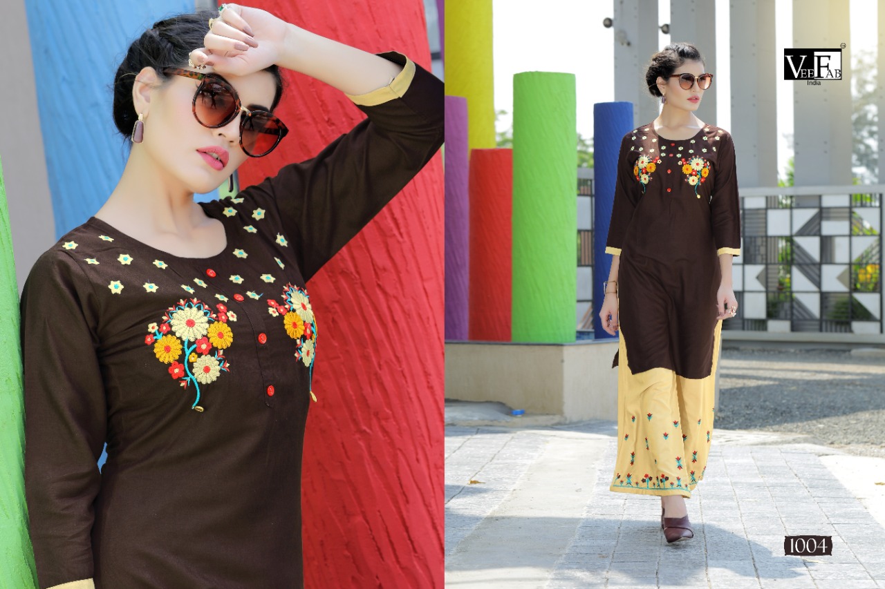 Vee Fab By Plazzo Bar Rayon Dyed Kurti With Palazzo Catalogue