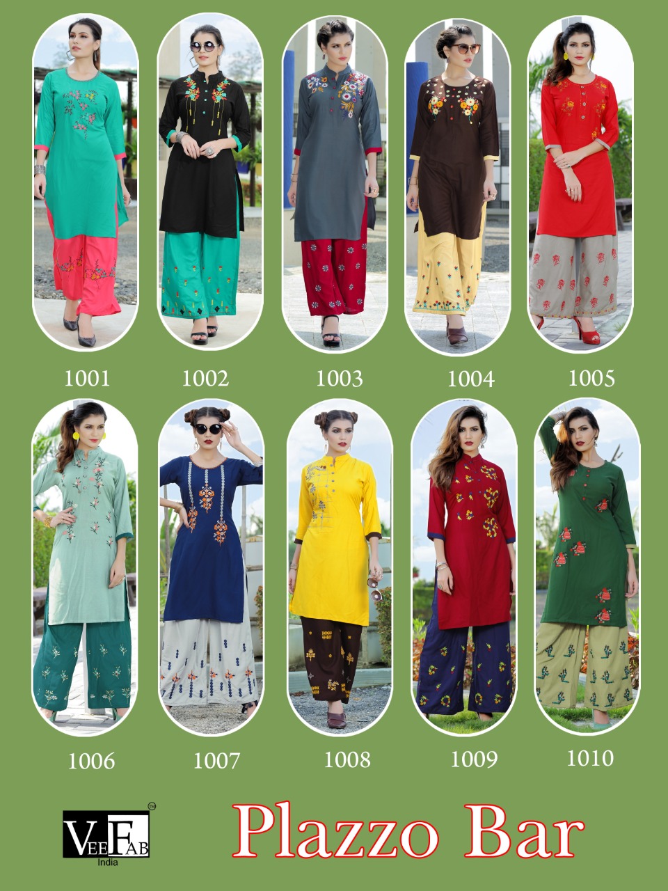 Vee Fab By Plazzo Bar Rayon Dyed Kurti With Palazzo Catalogue