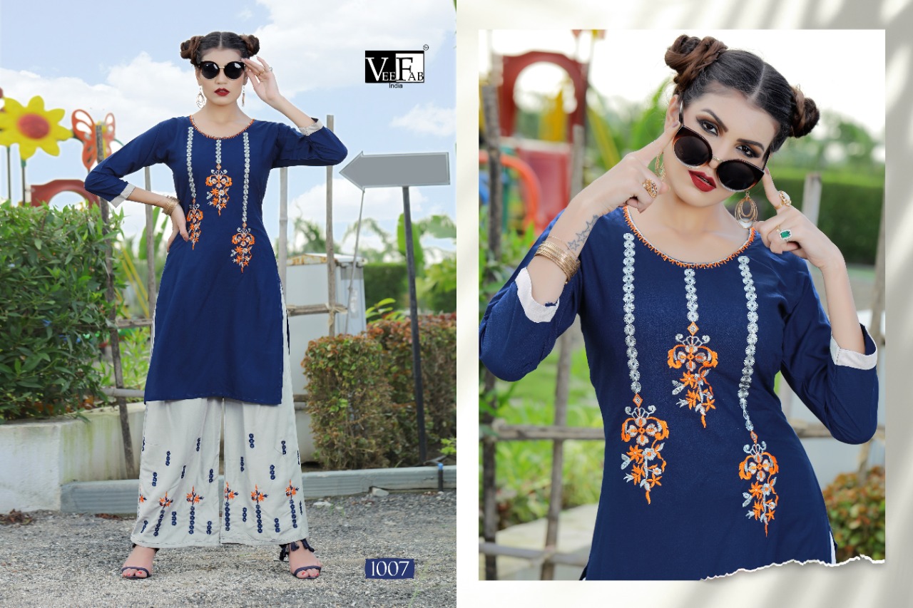 Vee Fab By Plazzo Bar Rayon Dyed Kurti With Palazzo Catalogue