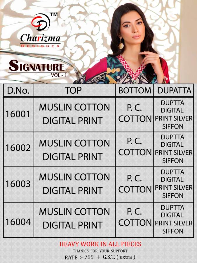 Charizma By Signature Vol 1 Muslin Silk Cotton Pakistani Suits Collection