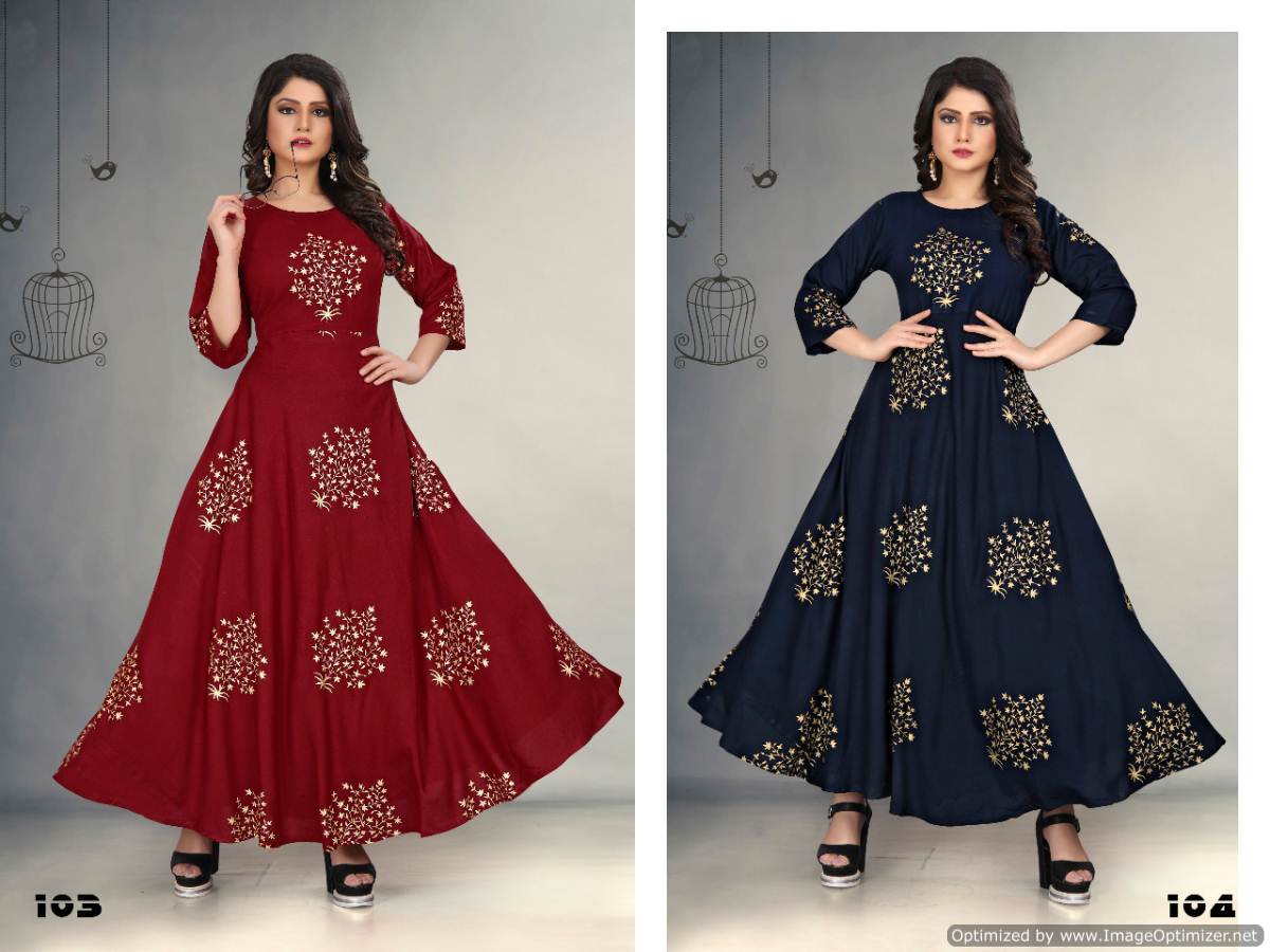 Gallberry Presents Foil Tree Rayon Round Flair Kurti Collection