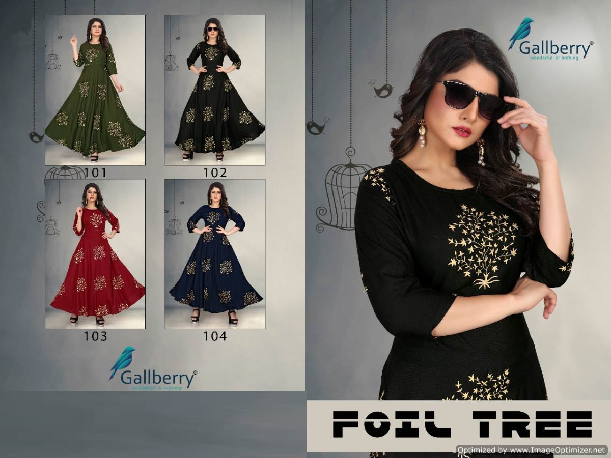 Gallberry Presents Foil Tree Rayon Round Flair Kurti Collection