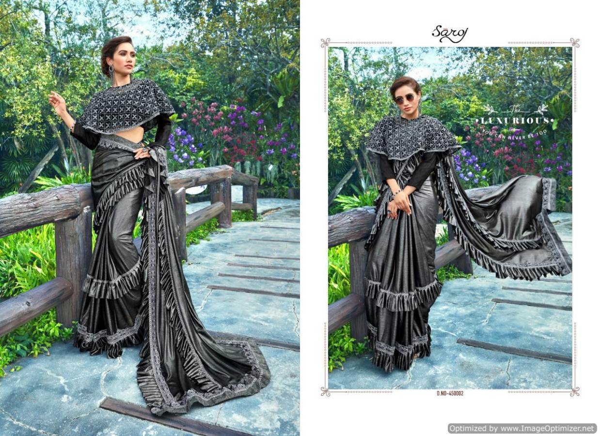 Saroj present Hunny Bunny Heavy Lycra Designer Frill Saree catalogue. 6