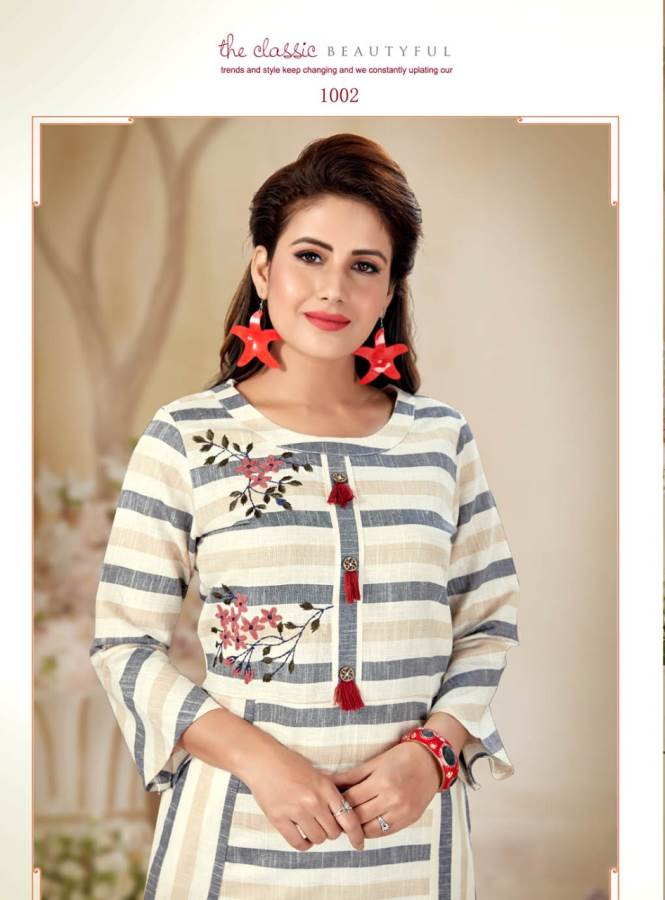 Alishka Presents Olive Collection Of Cotton Stripe & Embroidered Casual Kurtis