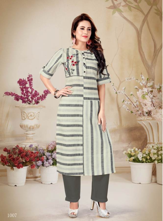 Alishka Presents Olive Collection Of Cotton Stripe & Embroidered Casual Kurtis