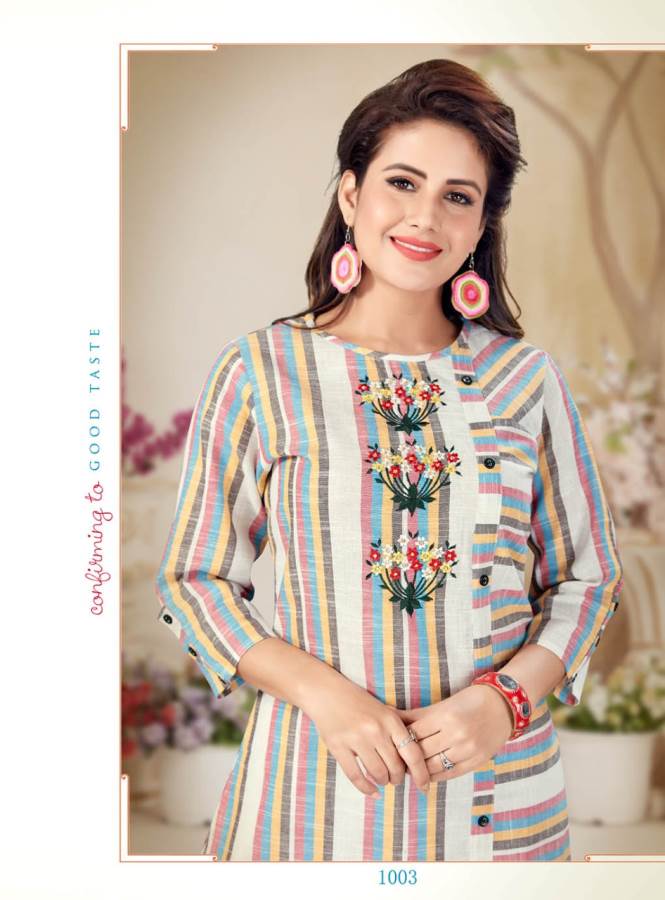 Alishka Presents Olive Collection Of Cotton Stripe & Embroidered Casual Kurtis