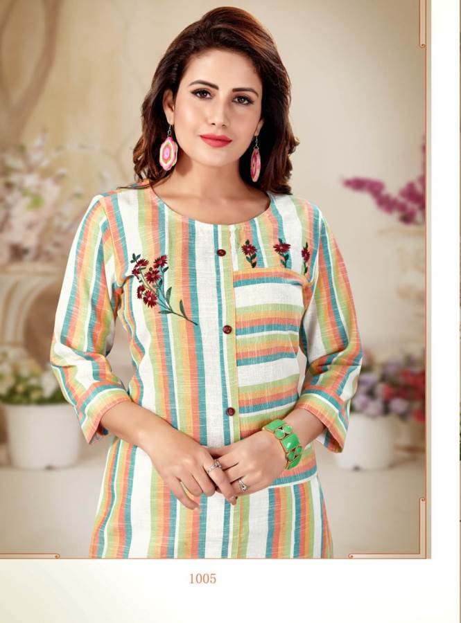 Alishka Presents Olive Collection Of Cotton Stripe & Embroidered Casual Kurtis