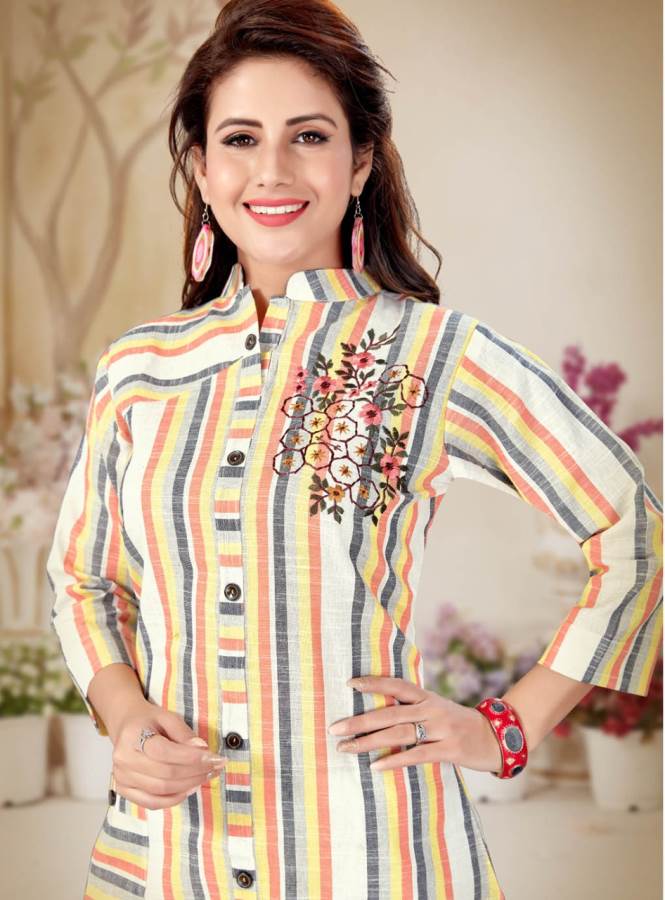 Alishka Presents Olive Collection Of Cotton Stripe & Embroidered Casual Kurtis