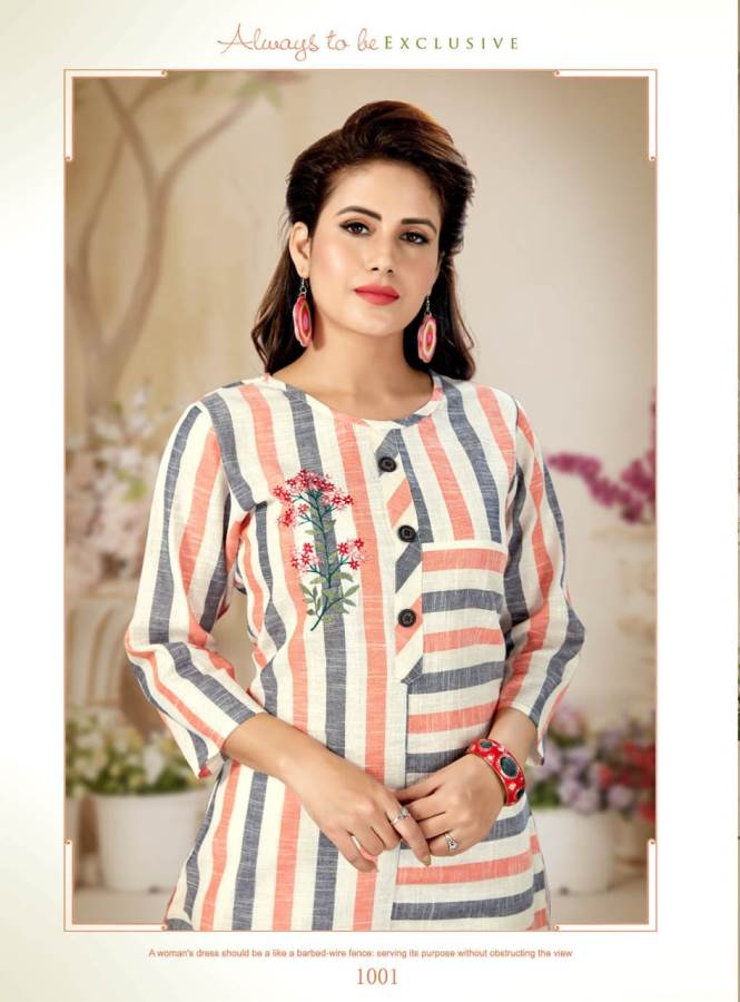 Alishka Presents Olive Collection Of Cotton Stripe & Embroidered Casual Kurtis