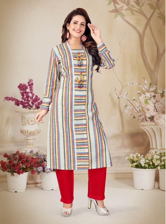 Alishka Presents Olive Collection Of Cotton Stripe & Embroidered Casual Kurtis