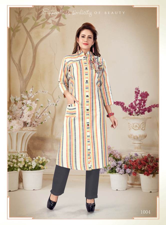 Alishka Presents Olive Collection Of Cotton Stripe & Embroidered Casual Kurtis