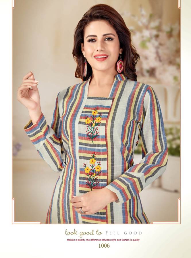 Alishka Presents Olive Collection Of Cotton Stripe & Embroidered Casual Kurtis