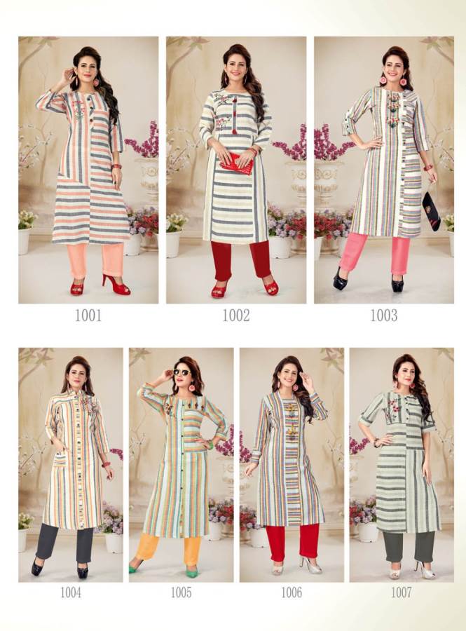 Alishka Presents Olive Collection Of Cotton Stripe & Embroidered Casual Kurtis