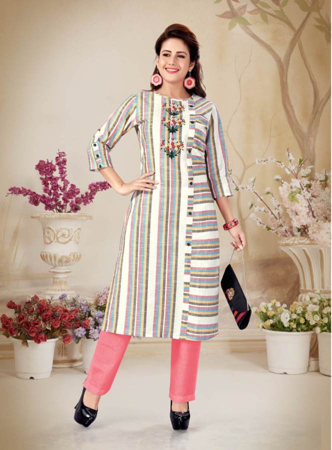 Alishka Presents Olive Collection Of Cotton Stripe & Embroidered Casual Kurtis