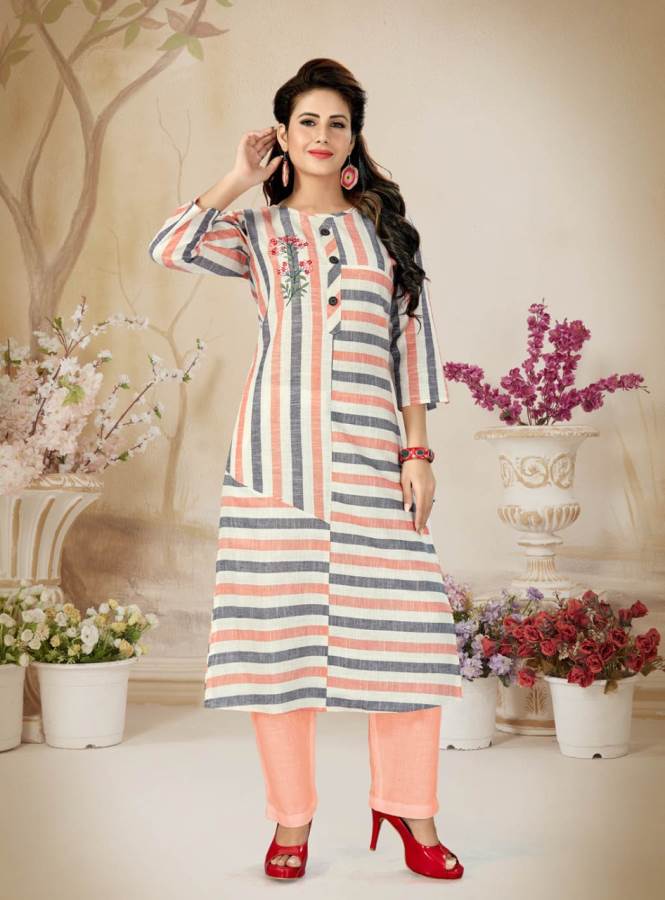 Alishka Presents Olive Collection Of Cotton Stripe & Embroidered Casual Kurtis