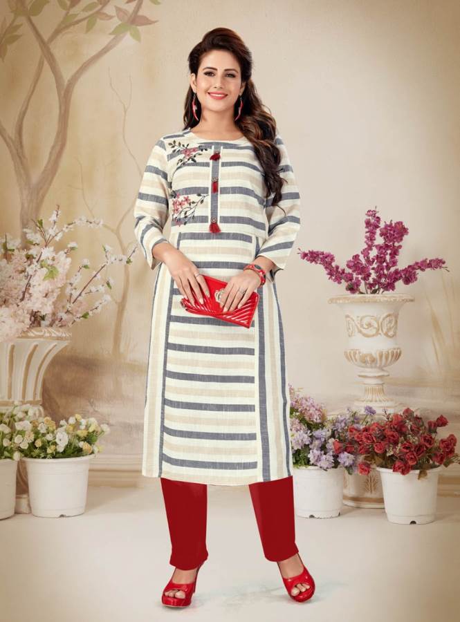 Alishka Presents Olive Collection Of Cotton Stripe & Embroidered Casual Kurtis