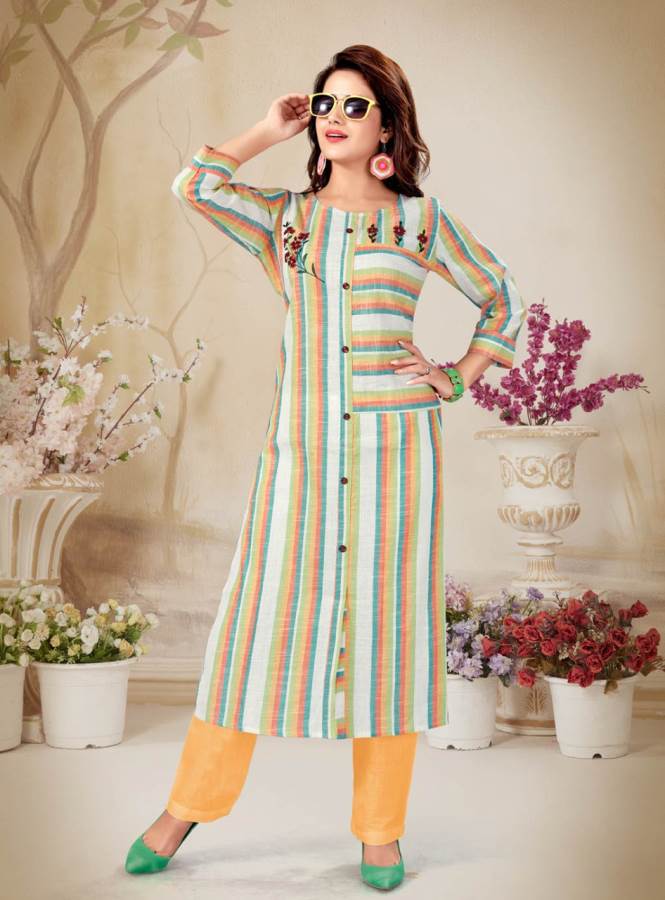 Alishka Presents Olive Collection Of Cotton Stripe & Embroidered Casual Kurtis