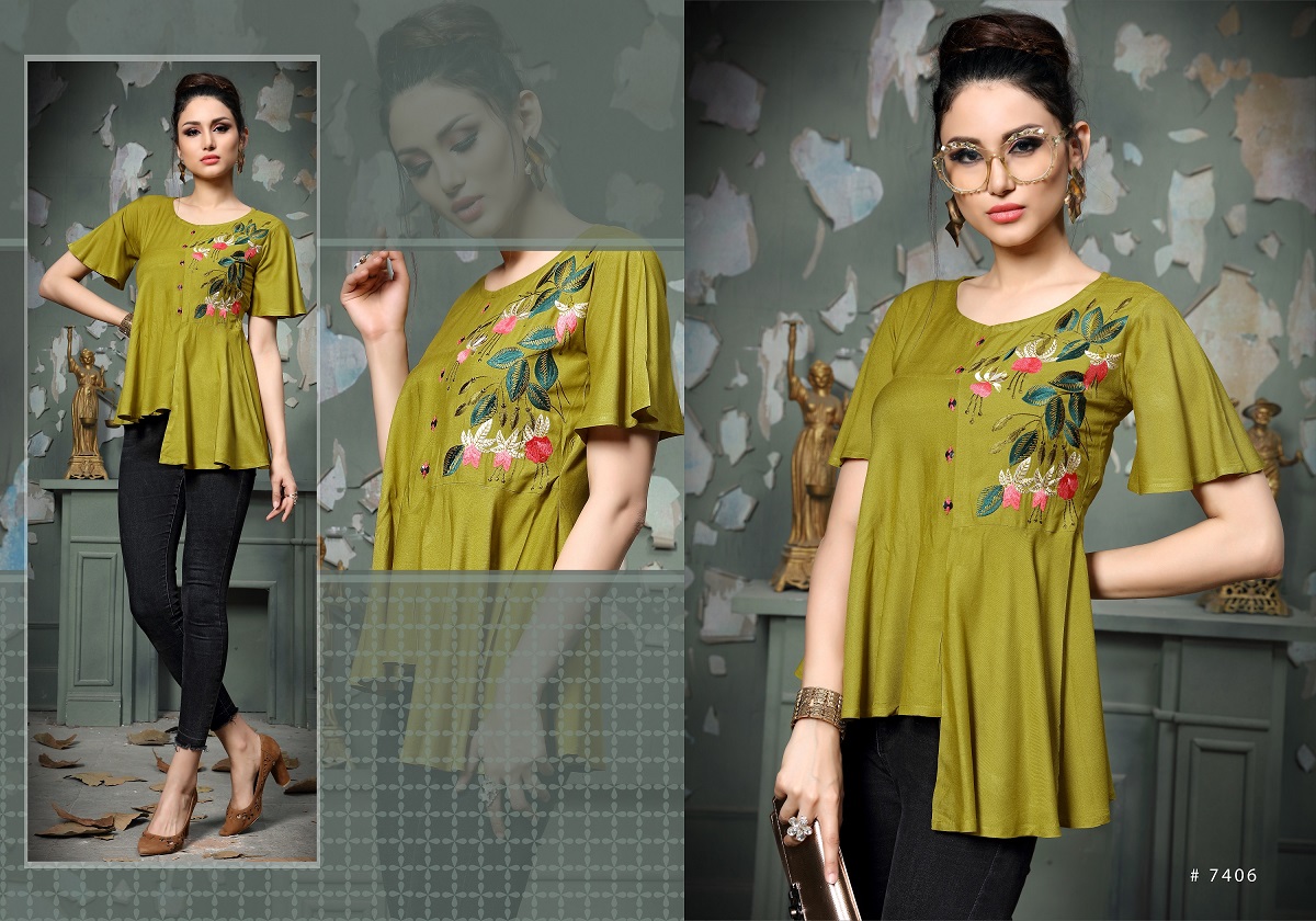 Dwija Presents Heer Collection Of Rayon Self Embroidered Western Top