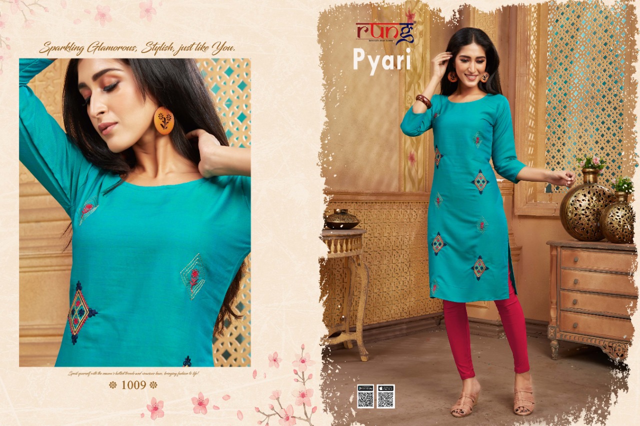 Rung Presents Pyari Collection Of Two Tone Rayon Manual Embroidered Kurtis