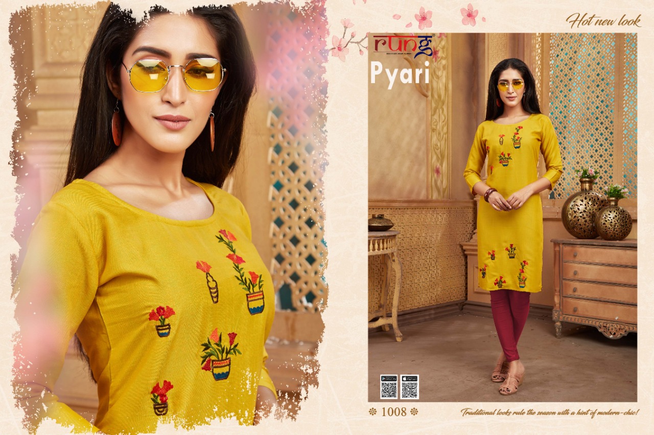 Rung Presents Pyari Collection Of Two Tone Rayon Manual Embroidered Kurtis