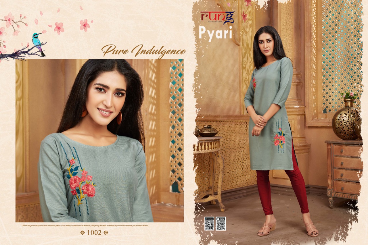 Rung Presents Pyari Collection Of Two Tone Rayon Manual Embroidered Kurtis