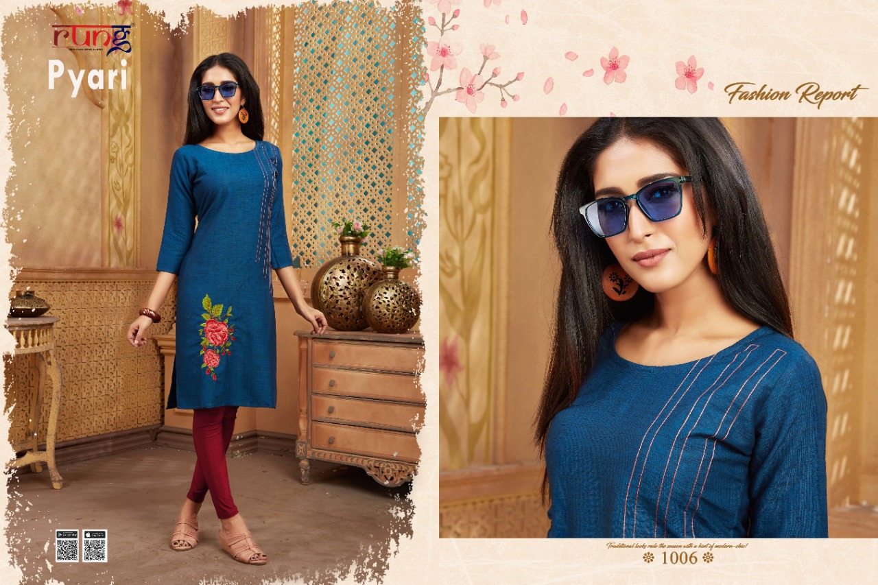 Rung Presents Pyari Collection Of Two Tone Rayon Manual Embroidered Kurtis