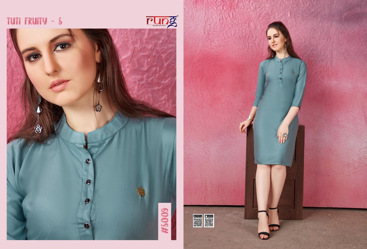 Rung Presents Tuti Fruti Vol 5 Collection Of Rayon Plain Casual Kurtis