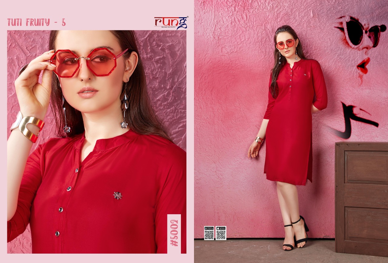 Rung Presents Tuti Fruti Vol 5 Collection Of Rayon Plain Casual Kurtis