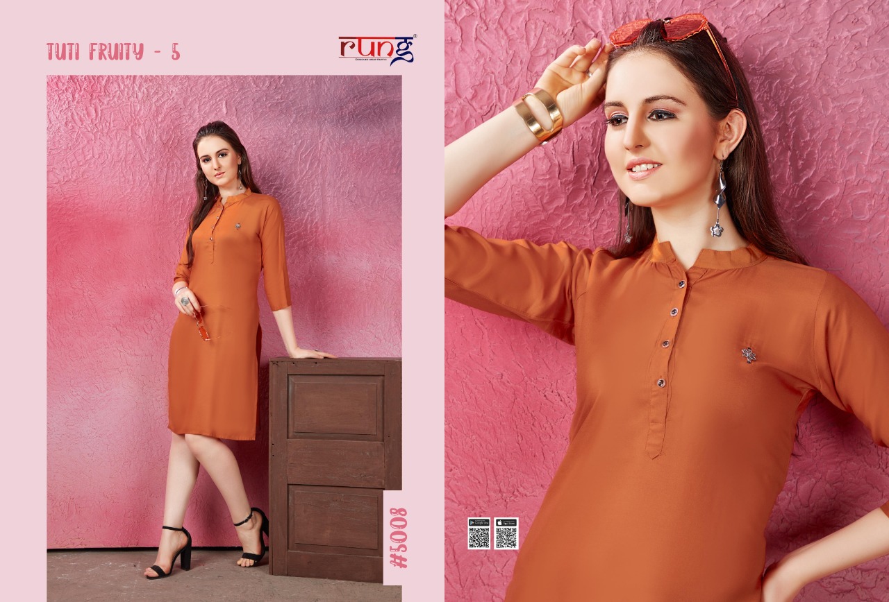 Rung Presents Tuti Fruti Vol 5 Collection Of Rayon Plain Casual Kurtis