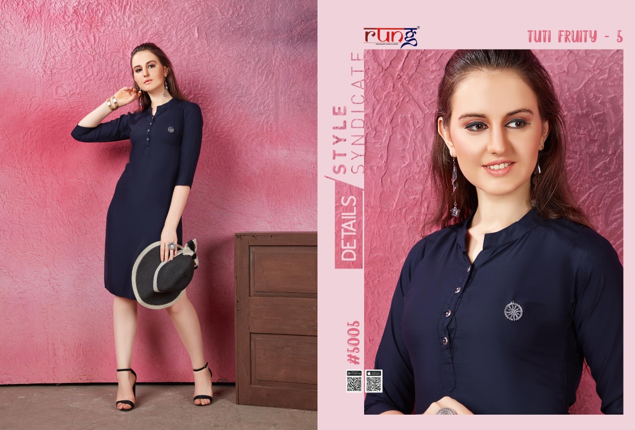 Rung Presents Tuti Fruti Vol 5 Collection Of Rayon Plain Casual Kurtis