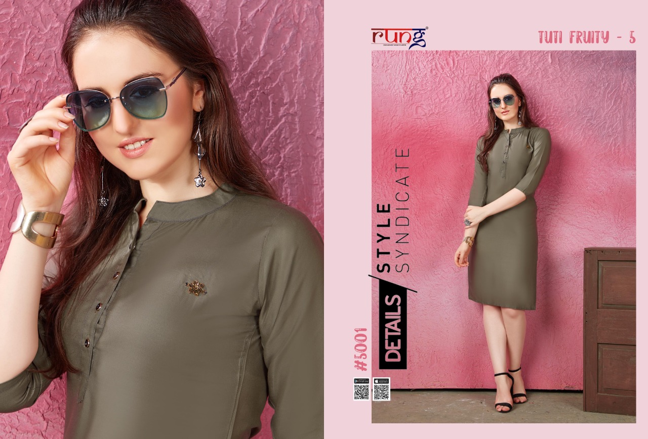 Rung Presents Tuti Fruti Vol 5 Collection Of Rayon Plain Casual Kurtis